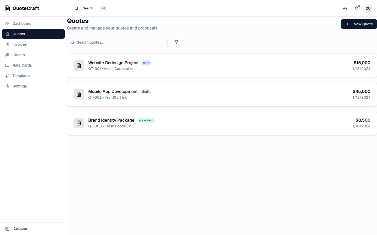 Quotes list showing draft, sent, and accepted statuses